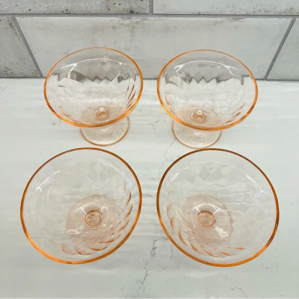 HAZEL ATLAS Vintage Diamond Optic Pink Champagne / Tall Sherbet Glasses Set of 4